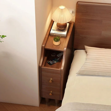 24″ Walnut Scandinavian-style Narrow Bedside Table - Rubberwood with Drawers and Shelves
